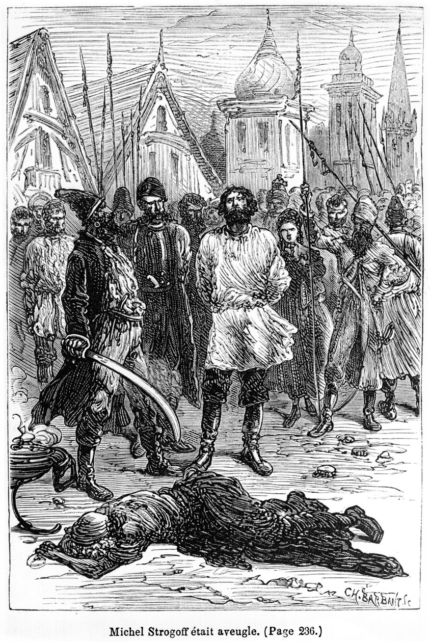 Michael Strogoff byl slepý, ilustrace z „Michel Strogoff“ od Julese Verna (1828-1905) vyryla Charles Barbant († 1922) Paris, Hetzel od Jules Ferat