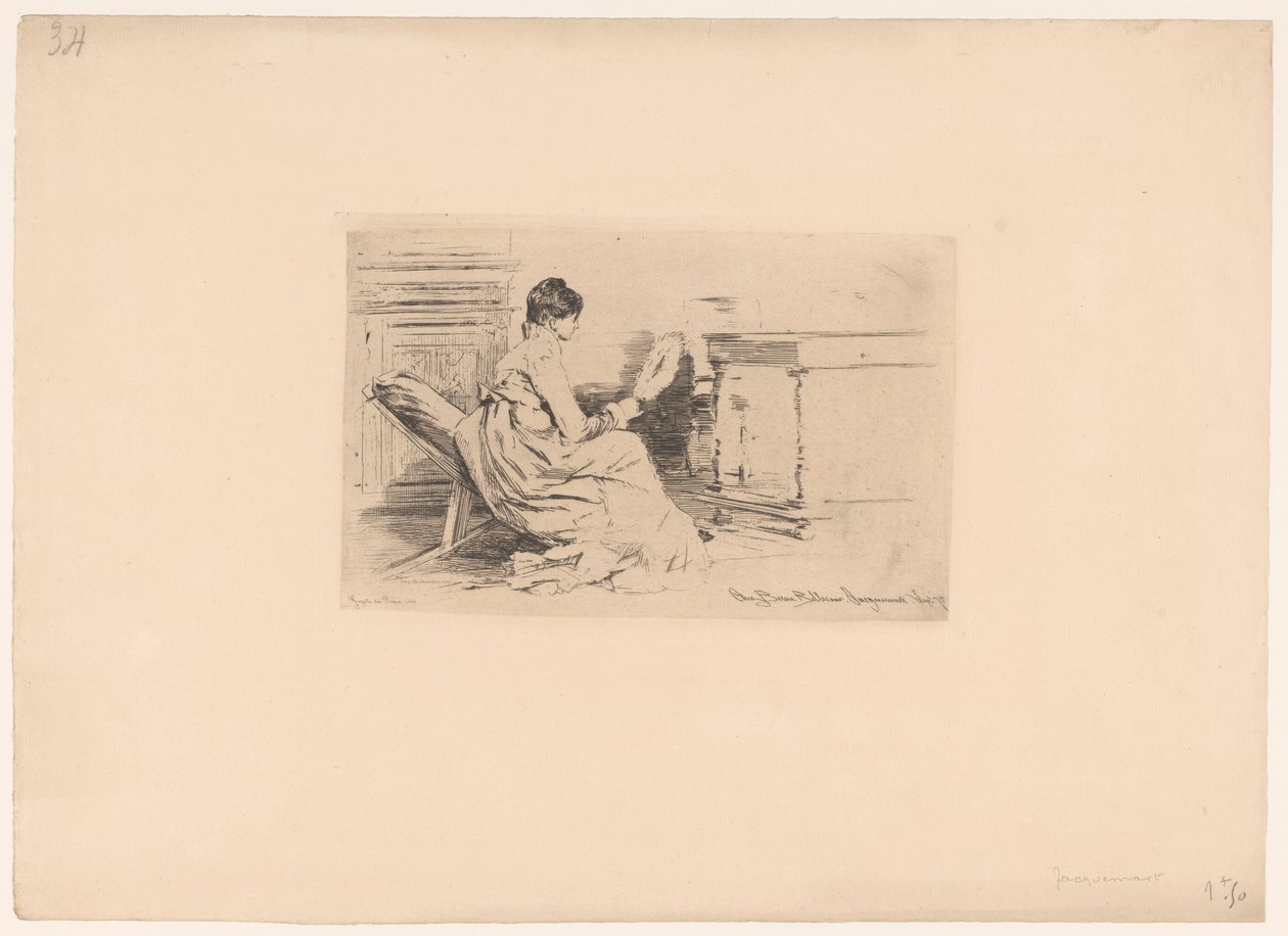 Žena s ventilátorem v nízké židli od Jules Ferdinand Jacquemart (attributed to)