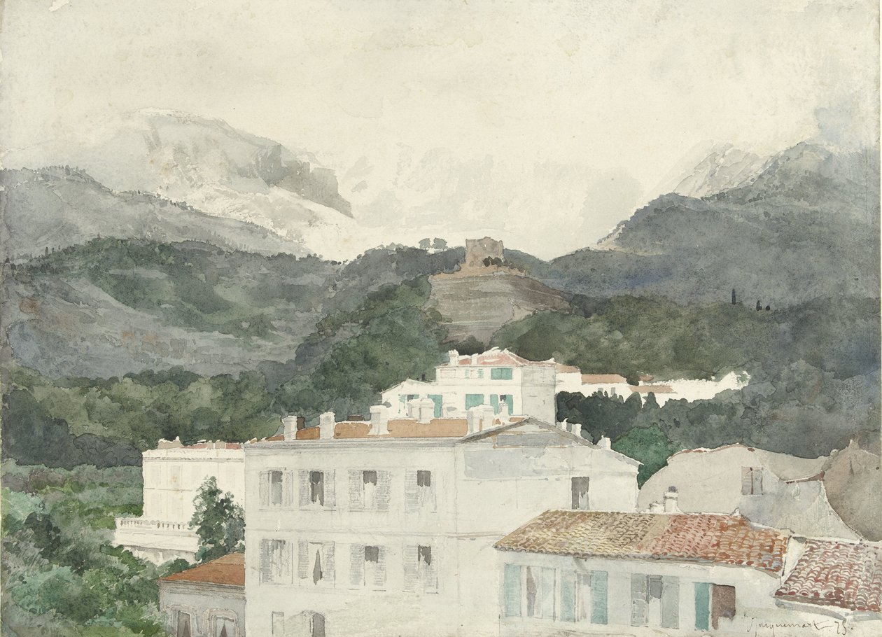 Venkovské domy na úpatí hor, vysoké hory před námi, La Turbie od Jules Ferdinand Jacquemart