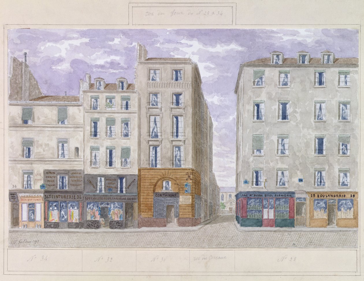 č. 28 až č. 34 Rue du Four, Paříž, Francie, 1893 (wc na papíře) od Jules Gaildrau