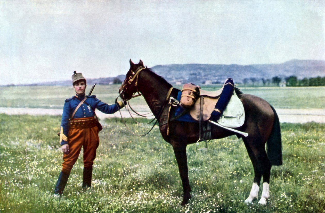 Francouzský brigádní generál a jeho kůň během bitvy na Marně východně od Paříže, září 1914 (autochrom) od Jules Gervais Courtellemont