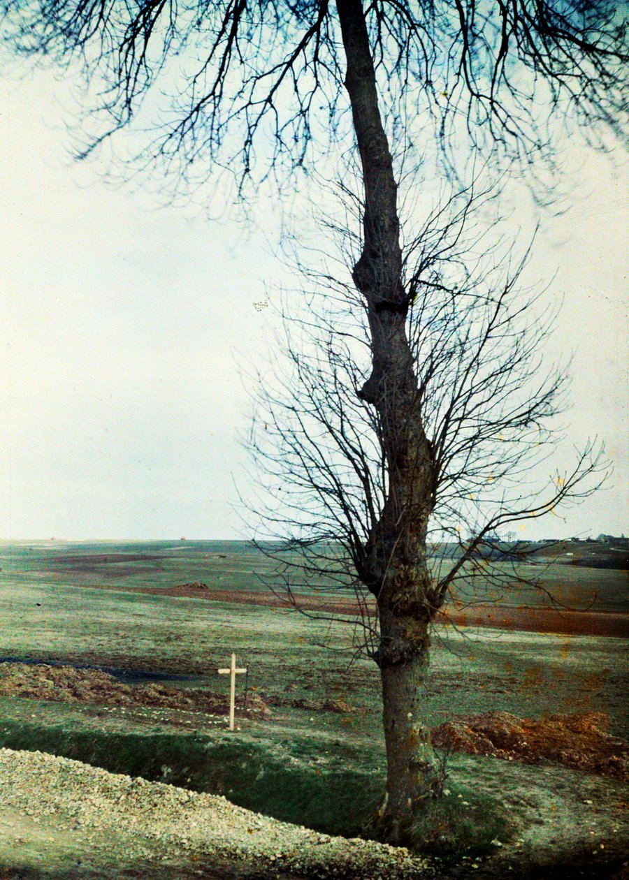 Hrob s několika mrtvými na okraji silnice během bitvy na Marně východně od Paříže, září 1914 (autochrom) od Jules Gervais Courtellemont