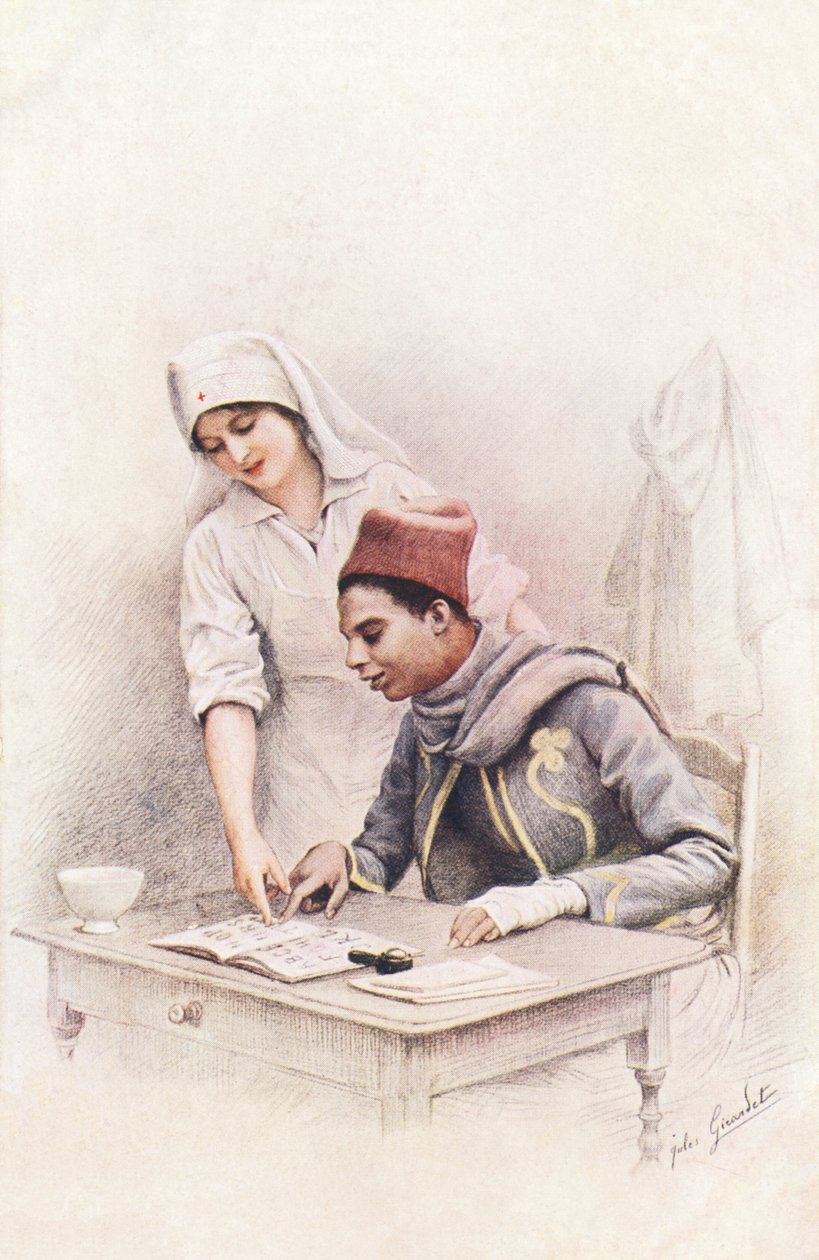Lekce čtení. Pohlednice „Válka národů“ představující zdravotní sestru Červeného kříže, která se učí číst senegalskému obuvníkovi od Jules Girardet