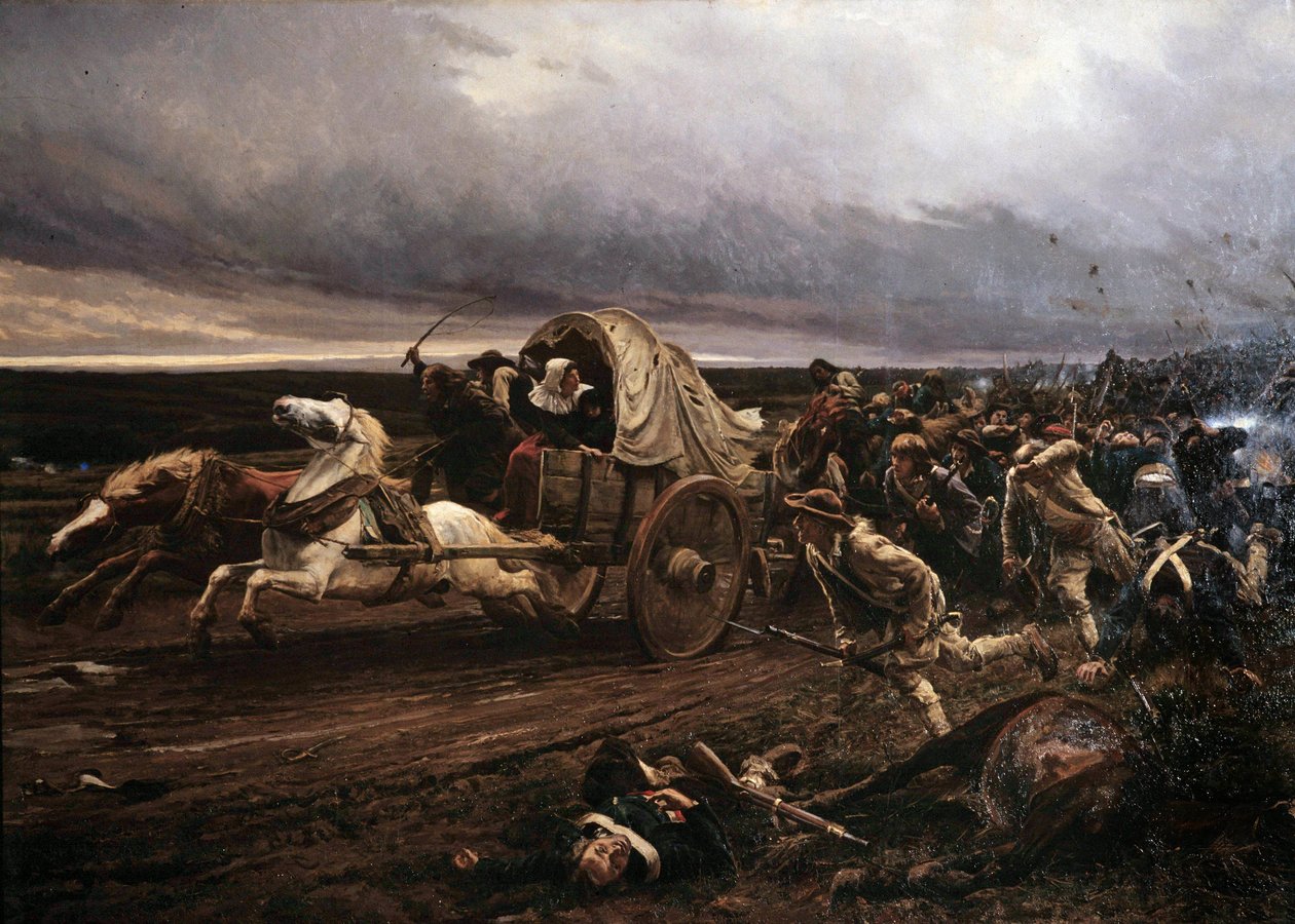 Po deroute Choletského povstání ozbrojeného ve Vendee v březnu 1793, pokáráni v říjnu Konventem a republikánskými armádami, „Bílí“ ustoupili směrem k Loiře. Obraz Julese Girardeta (1856-1938) od Jules Girardet