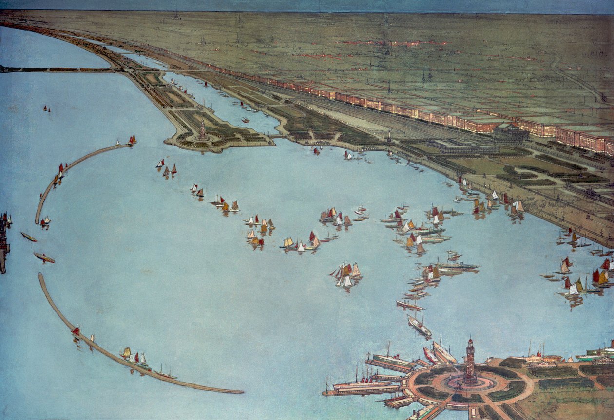 Pohled z ptačí perspektivy v noci v Grant Park, Chicago od Jules Guerin