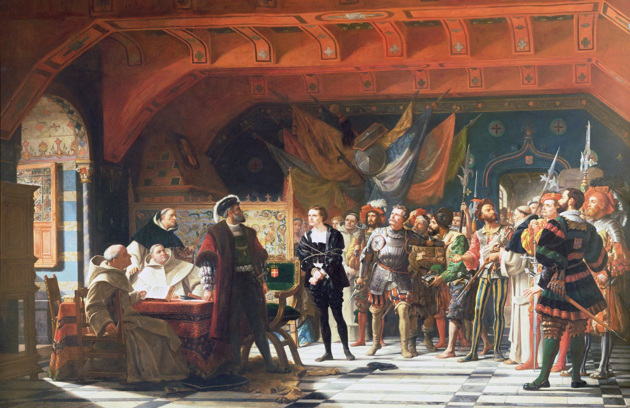 Francis de Bonnivard (1496-1570), vězeň z Chillonu, postavený před vévodu Savojského v roce 1530, 1870 od Jules Hippolyte Ravel