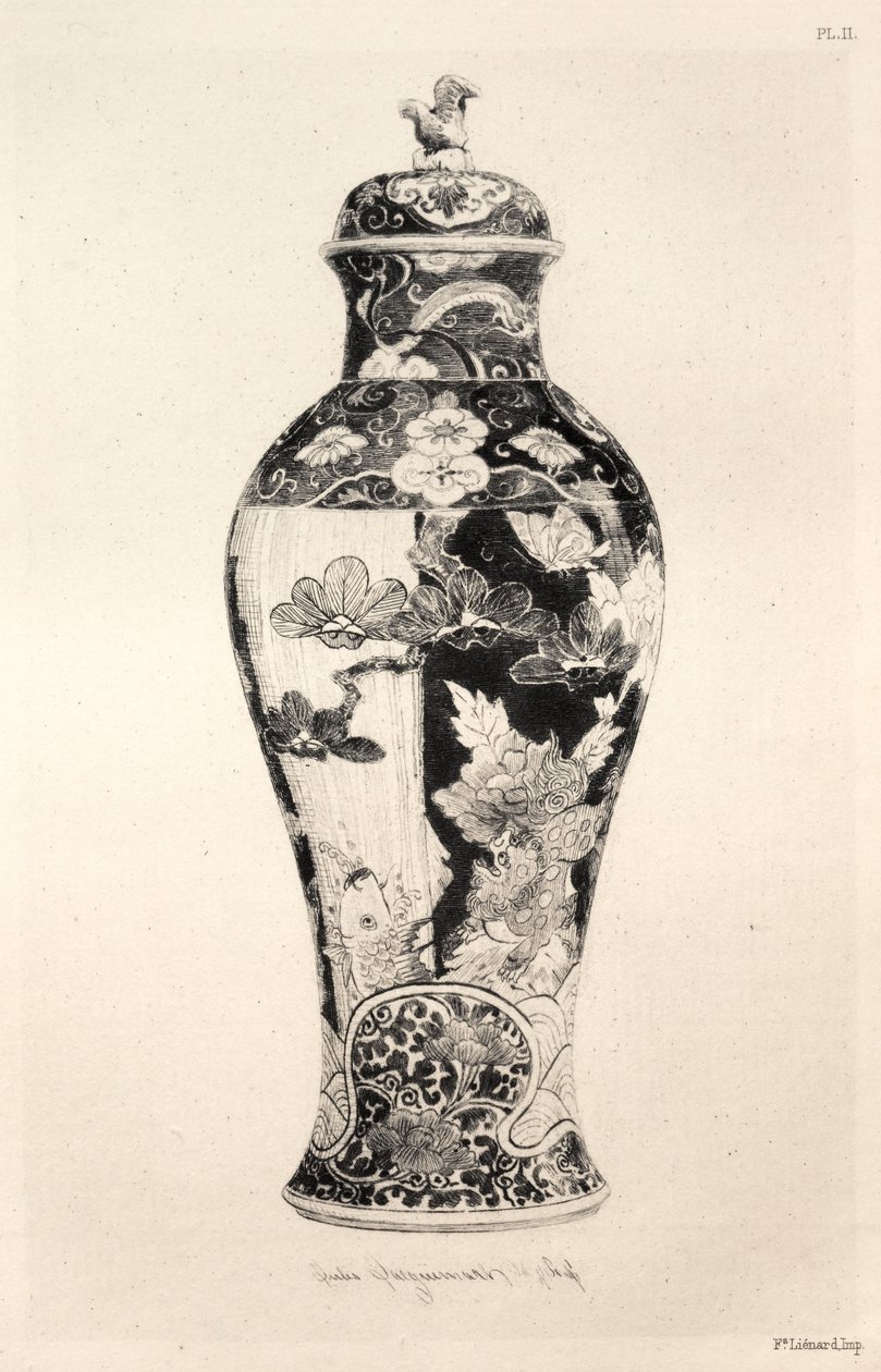 Dějiny keramického umění: A Descriptive and Philosophical Study of Pottery of All Ages and All Nations: Japonsko: Chrysanthemo-Paeonian Family. -Jar, "Potiche", se psem Fo a kaprem vyskakujícím z vody (deska III) od Jules Jacquemart