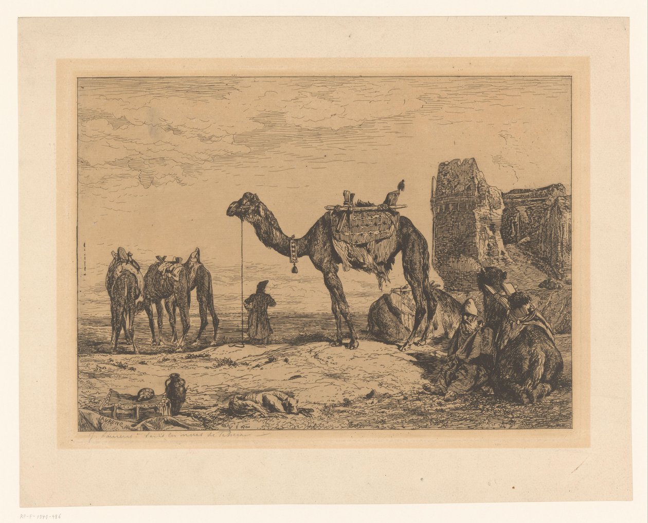 Krajina s velbloudy v troskách Sous les Murs de Teherán (Perse) od Jules Joseph Augustin Laurens (signed by artist)