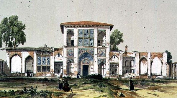 Historický palác Asterabad, Persie, deska 84 z „Cesta v Turecku a Persii“, vyrytý umělcem (litho) od Jules Joseph Augustin Laurens