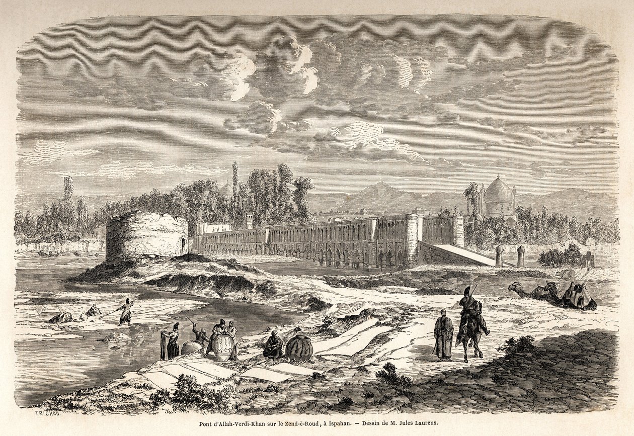 Most Allah Verdi Kahn, vzniklý kolem roku 1608, v Isfahánu (nebo Isfahánu) (Írán), je jednak přechodem k překonání řeky Zend e Roud, ale také přehradou k regulaci toku řeky, s Talarem, popř. kiosek zrcadel, kde mohl perský vládce ob od Jules Joseph Augustin Laurens