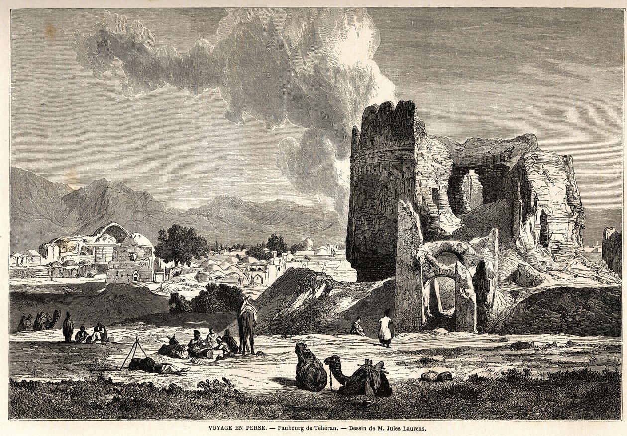 Předměstí Teheránu (dnešní Írán). Kresba Julese Laurense (1825-1901) k ilustraci cesty Arthura Gobineaua do Persie v letech 1855 až 1858. Rytina v „“ Le tour du monde, nouveau journal des voyages““ Paris od Jules Joseph Augustin Laurens