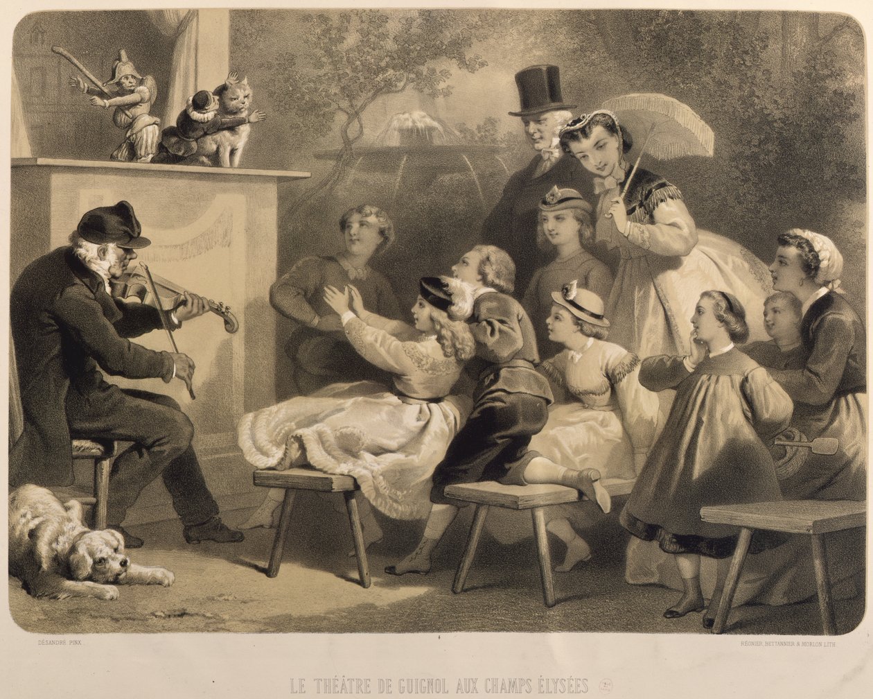 Divadlo Guignol, Champs-Elysees, vyryto Claudem Regnierem (fl. 1840-66) Bettanier a Morion od Jules Marie Desandre