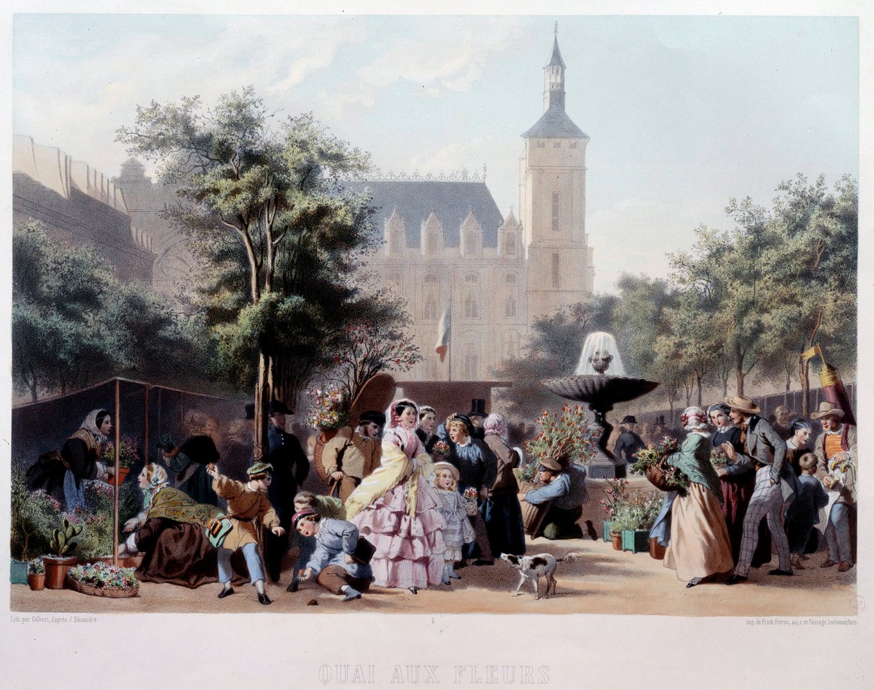 Pohled na Quai aux Fleurs v Paříži Procházka po Ile de la Cite. Litografie Julese Marie Desandre (1845-?) Paříž 19. století, Musee Carnavalet od Jules Marie Desandre