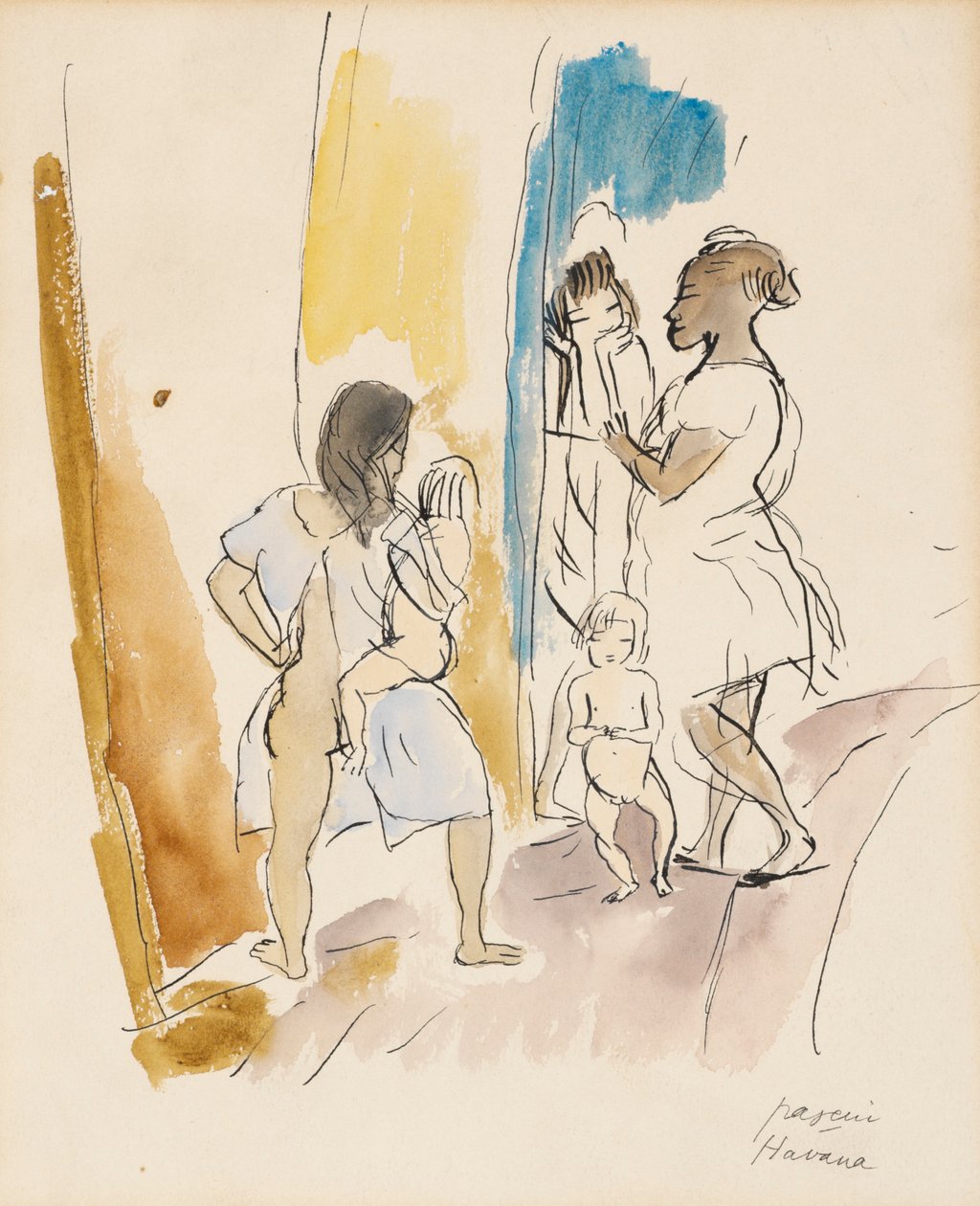Tři ženy a dvě děti, Havana (wc na papíře) od Jules Pascin