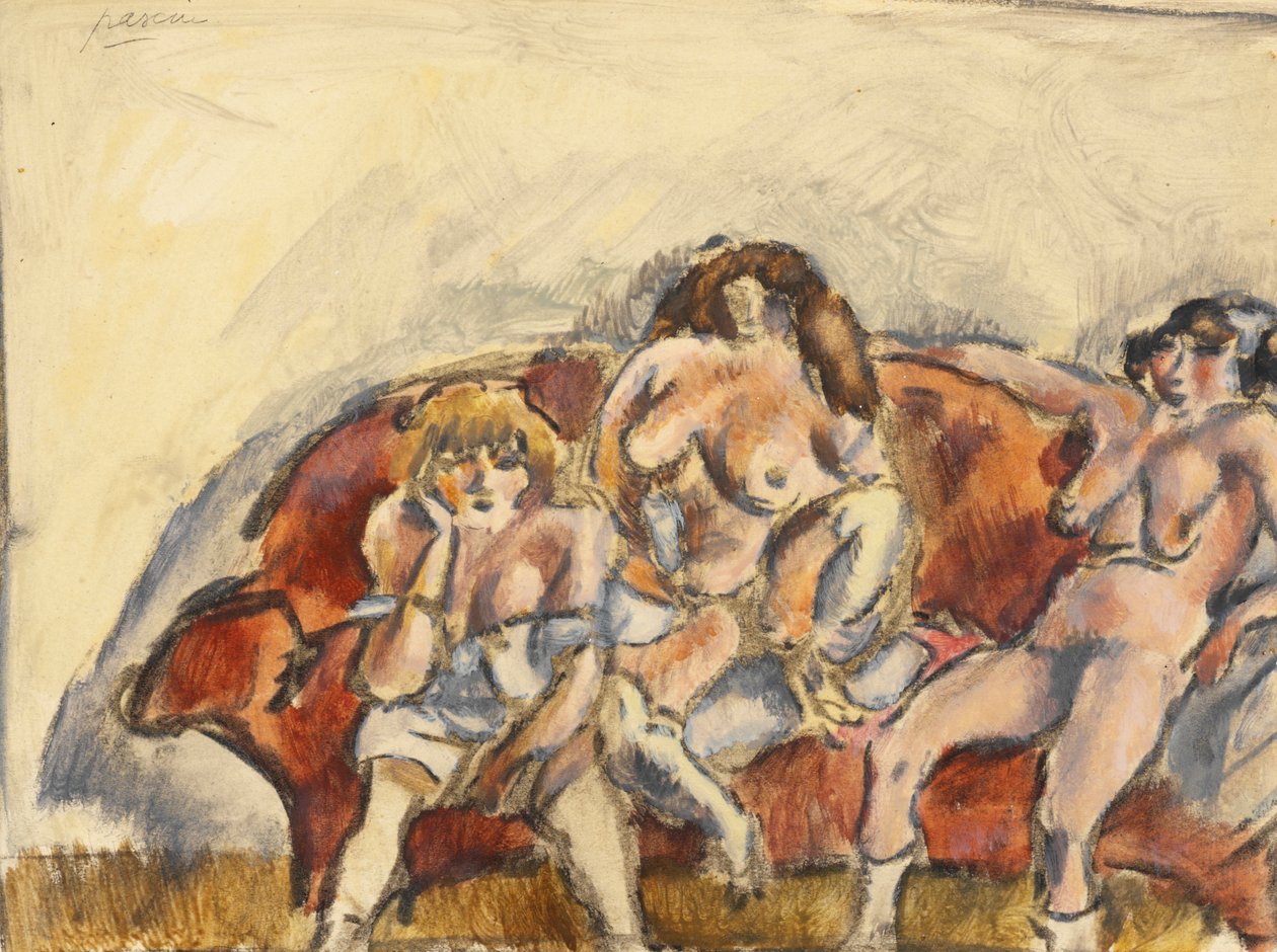 Tři ženy na červené pohovce od Jules Pascin