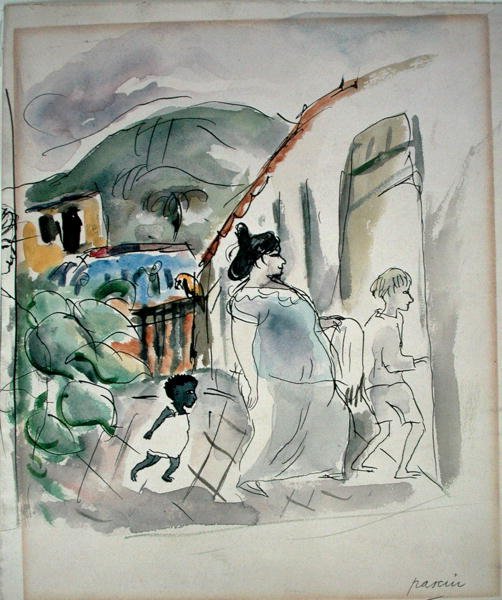 Žena a dvě děti (akvarel na papíře) od Jules Pascin