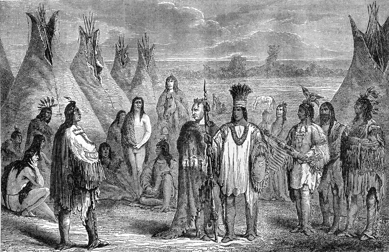 Skupina indiánů z Delawares v jejich táboře týpí. Rytina připisovaná Janet Langeové, kolem roku 1870. Ilustrace edice Hachette z roku 1888 knihy „Poslední Mohykán“ podle Fenimora Coopera. od Jules Pelcoq