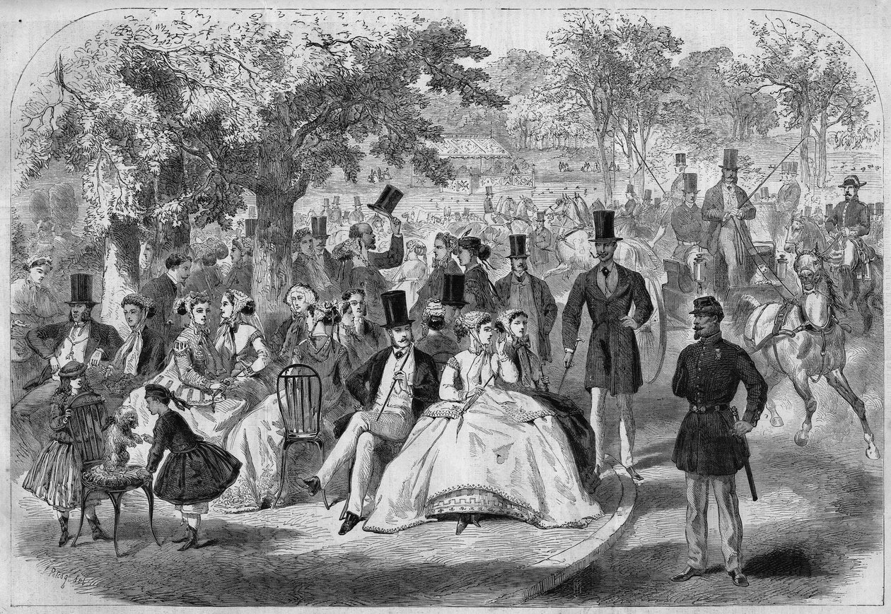 Pařížská životní scéna, odpoledne v Bois de Boulogne v 19. století. Rytina podle kresby Pelcoqa. V “” L