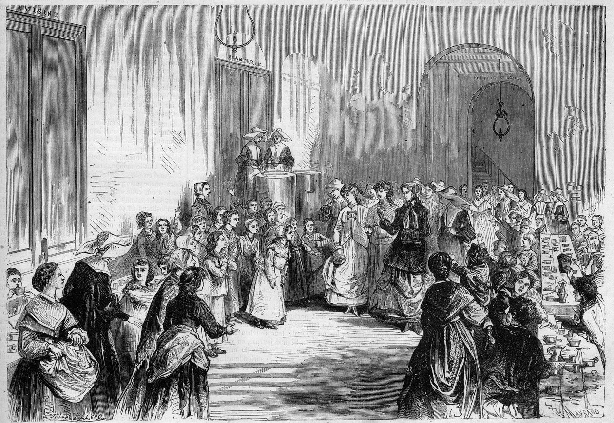 Impress Eugenie de Montijo (1826-1920), manželka Napoleona III, navštěvující dětskou večeři v refektáři nemocničního domu Eugene Napoleon (Eugene-Napoleon) poblíž Barriere du Trone v Paříži. Z kresby Julese Pelcoqa. Gravírování v „“ The od Jules Pelcoq