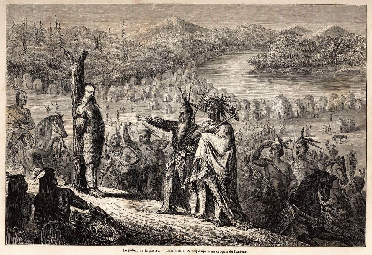 Válečný kůl, baron z Woganu zajatý indiány z kmene Timpabaches, se nachází na břehu San Juan, říčního ramene Rio Grande, kresba Julese Pelcoqa, aby ilustrovala příběh o cestě barona de Wogana do Kalifornie v letech 1850-185 od Jules Pelcoq