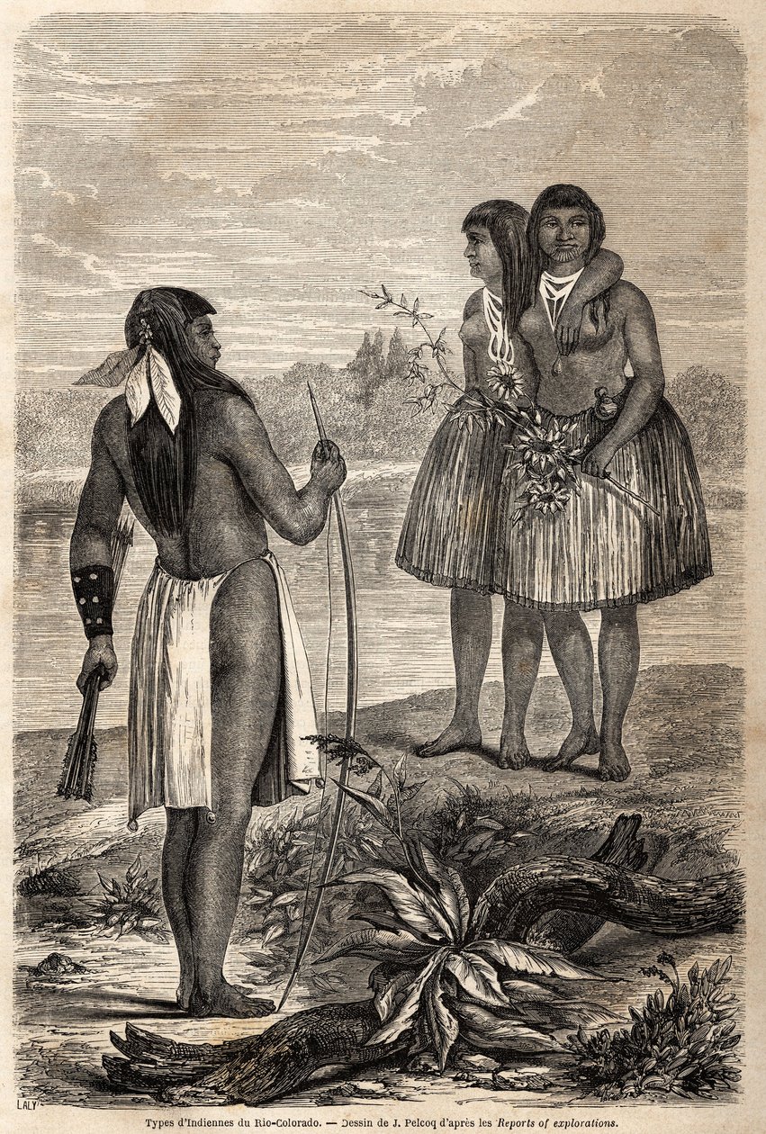 Typ Indiána z Rio Colorada, kresba Julese Pelcoqa, k ilustraci příběhu o cestě barona de Wogana do Kalifornie v letech 1850-1852. Rytina v „“ Le tour du monde, nouveau journal des voyages““ Paříž od Jules Pelcoq