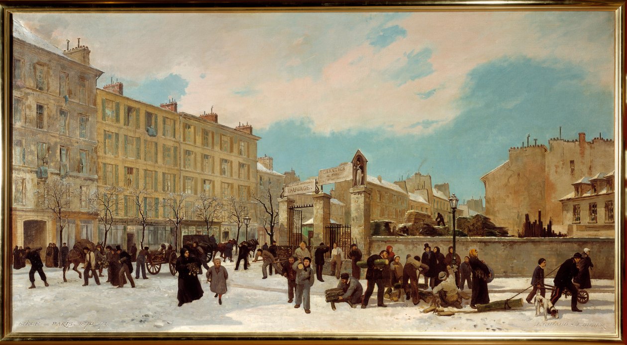 Dřevěné staveniště pro spálení bulváru Montparnasse v lednu 1871 - Pouliční scéna v Paříži - Obraz Julese Didiera (1831-1892) a Jacquese Guiauda (1811-1876) od Jules and Guiaud Jacques  Didier