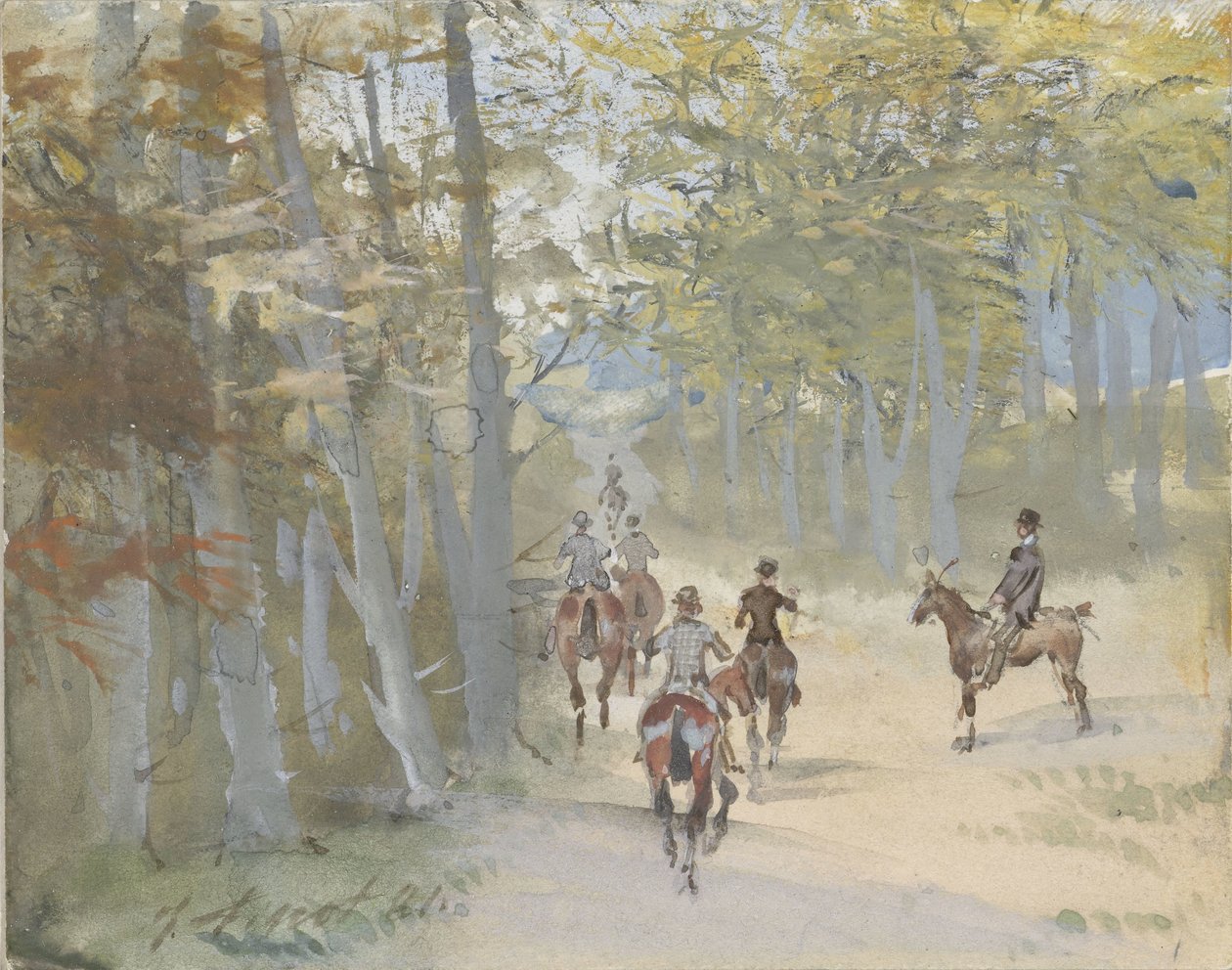 Lesní krajina s jezdci od Jules baron Finot