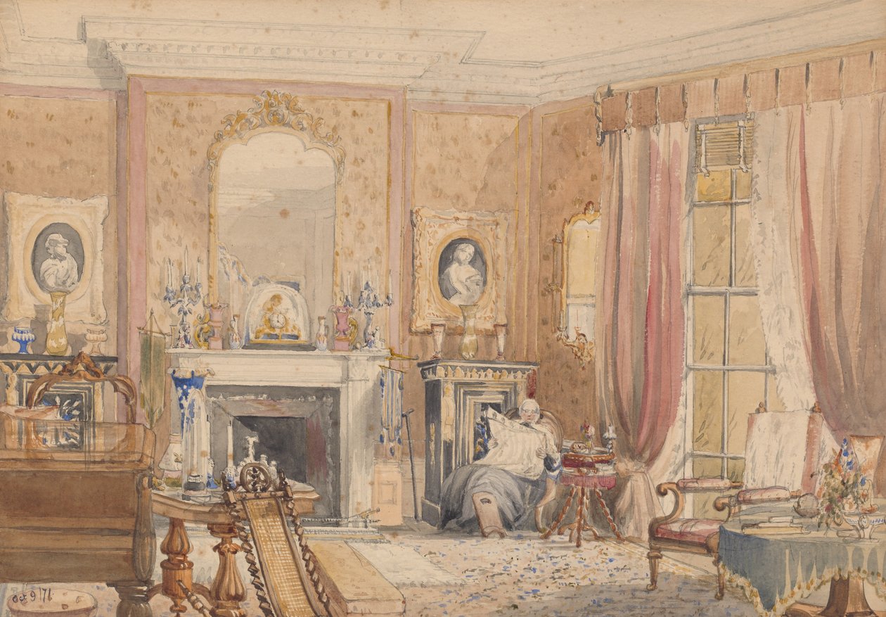Přijímací místnost v Bryn Glas, Monmouthshire, 1871 (wc na papíře) od Julia Mackworth