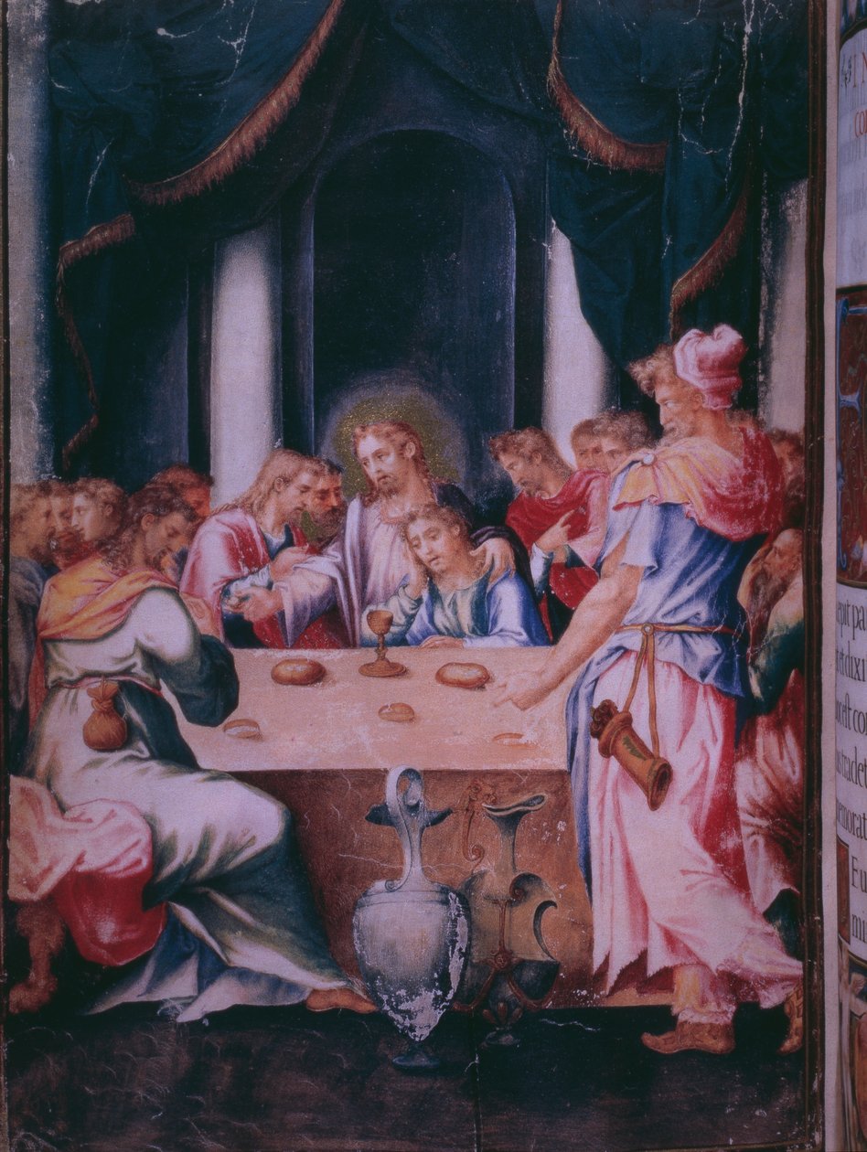 Poslední večeře, z faksimile breviáře španělského krále Filipa II., 1569 (pergamen) od Julian and Leon, Andres de Fuente del Saz