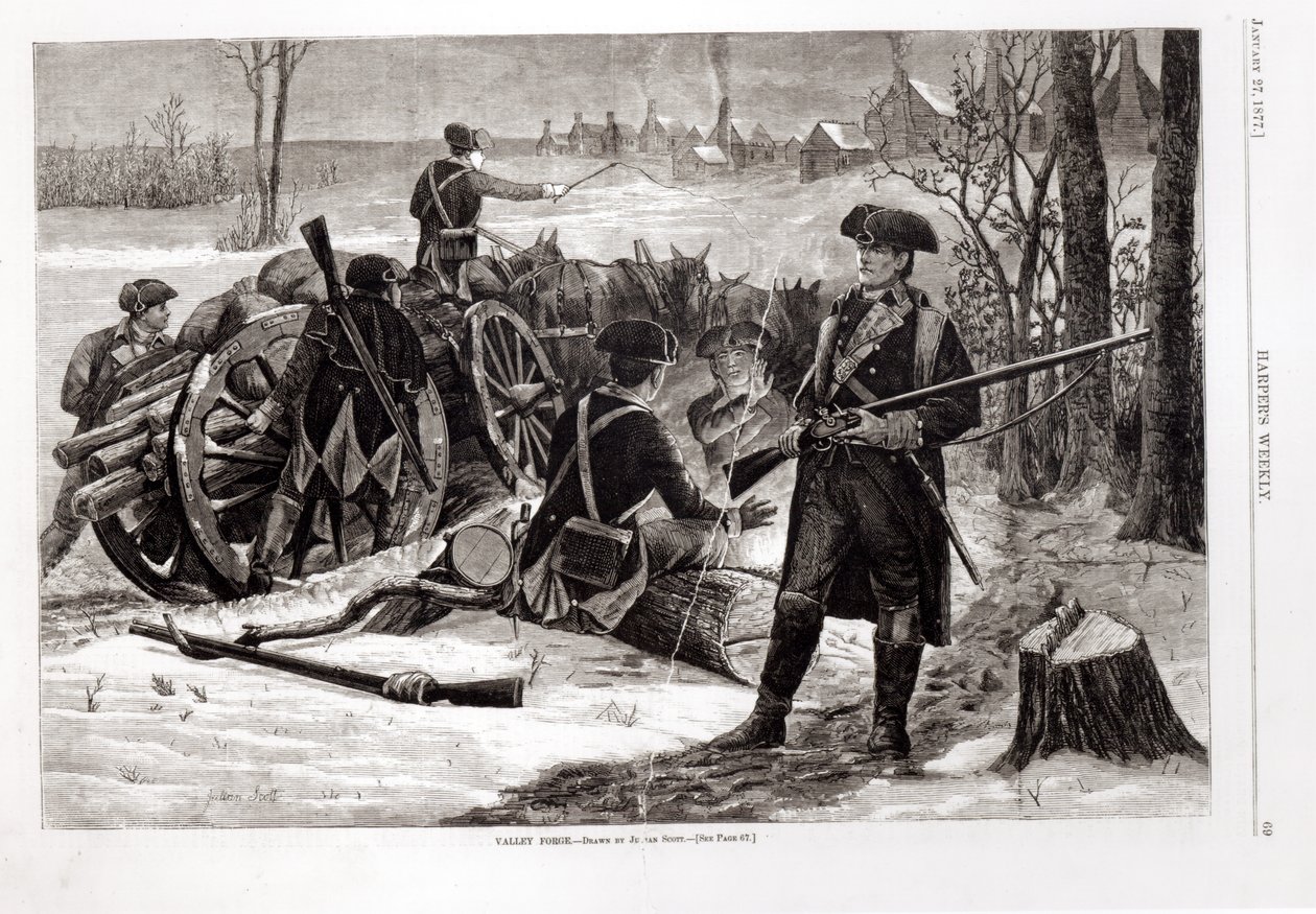 Zimní scéna v táboře kontinentální armády ve Valley Forge, Pennsylvania, 1780, z 