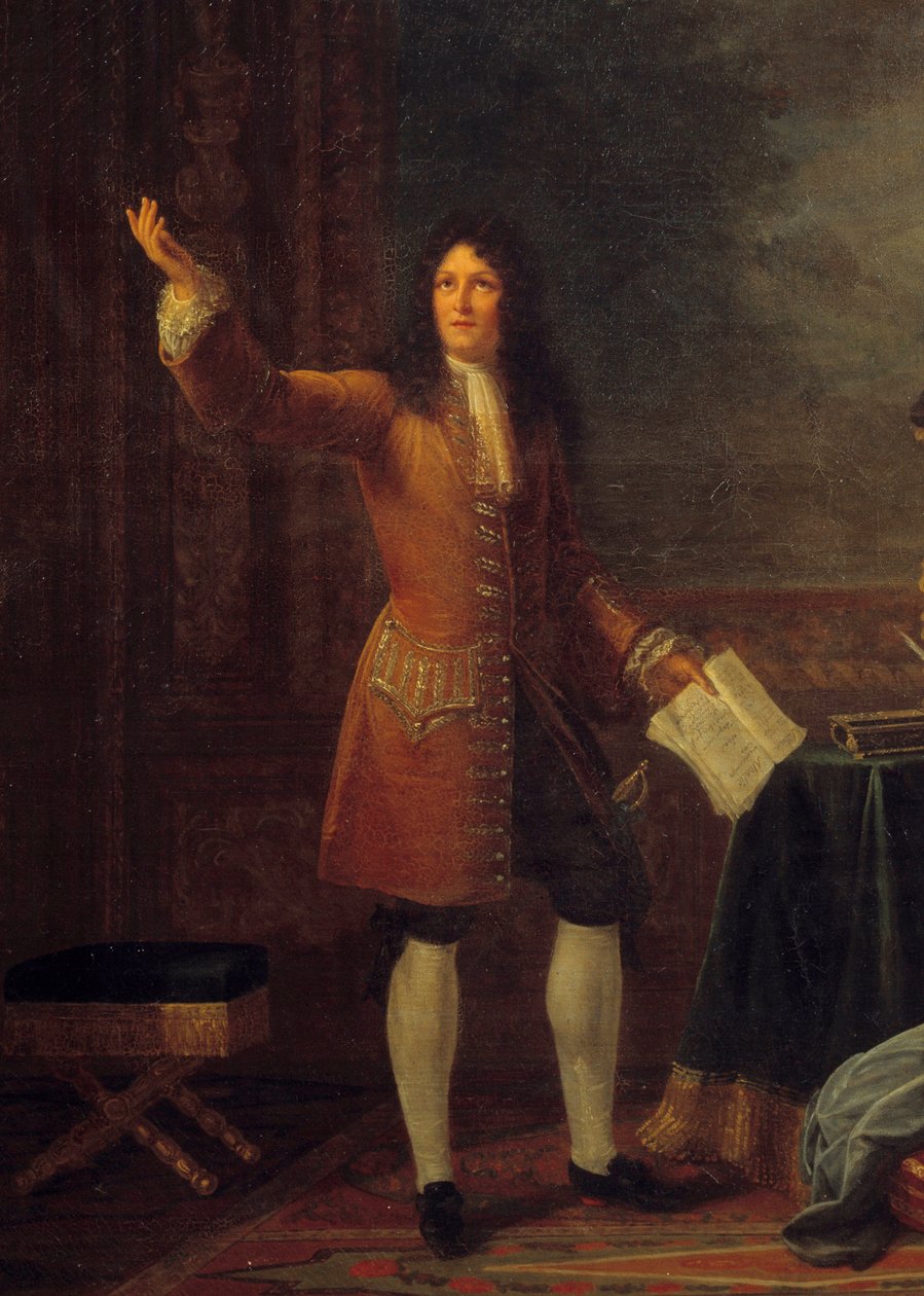 Jean Racine (1639-1699) čte svou hru před francouzským králem. Detail obrazu „“ Jean Racine (1639-1699) s nápisem „“ Athalie““ před Ludvíkem XIV. (1638-1715) a Francoise d