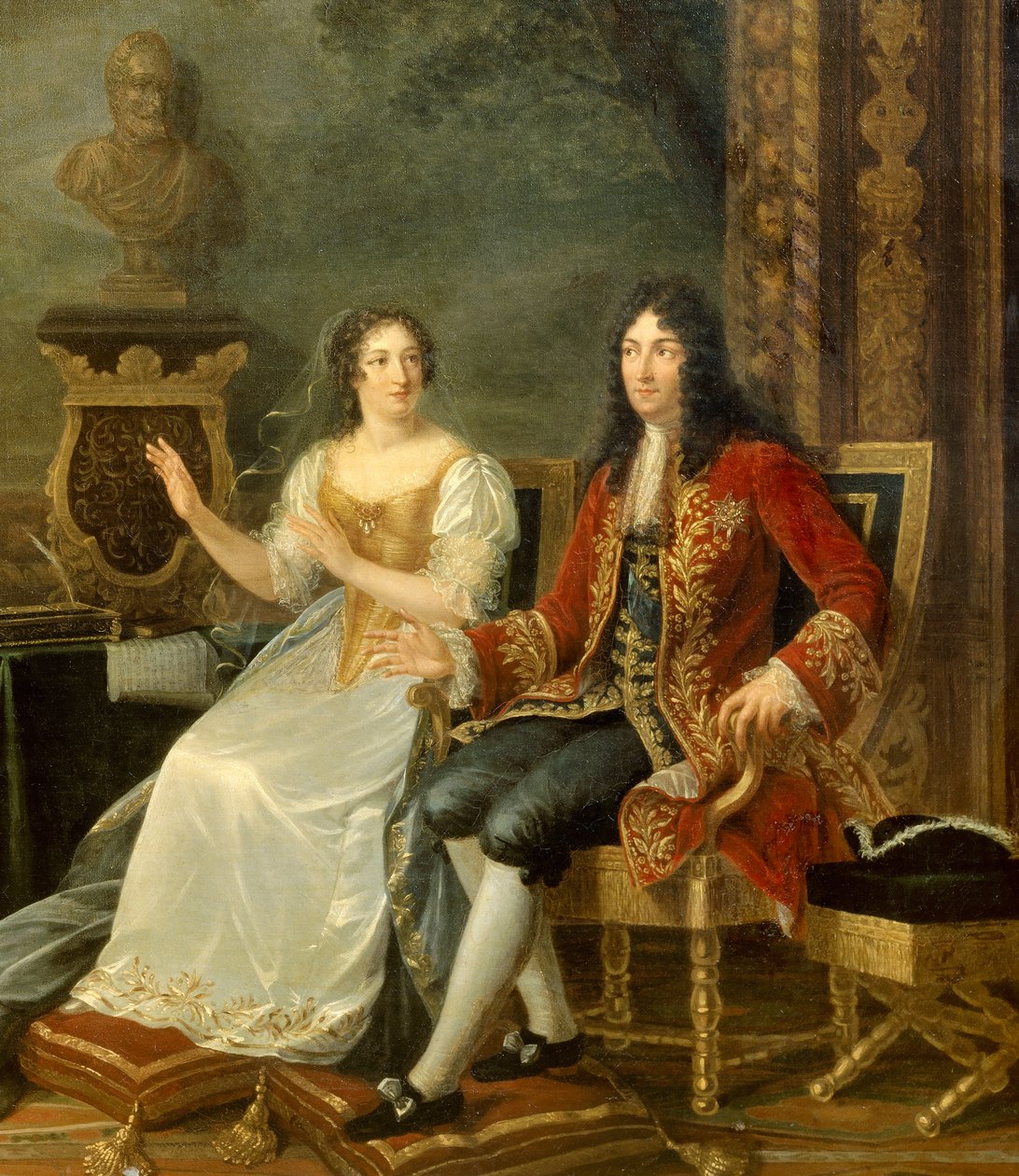 Francouzský král Ludvík XIV. s Madame de Maintenon. Detail obrazu „“ Jean Racine (1639-1699) s nápisem „“ Athalie““ před Ludvíkem XIV. (1638-1715) a Francoise d