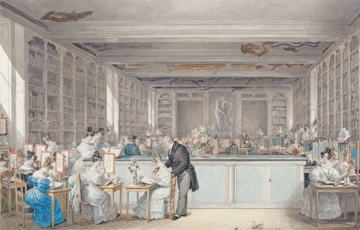 Škola botanického kreslení Pierra-Josepha Redoutého v Salle Buffon v Jardin des Plantes, 1830 (wc a grafit na papíře) od Julie Ribault