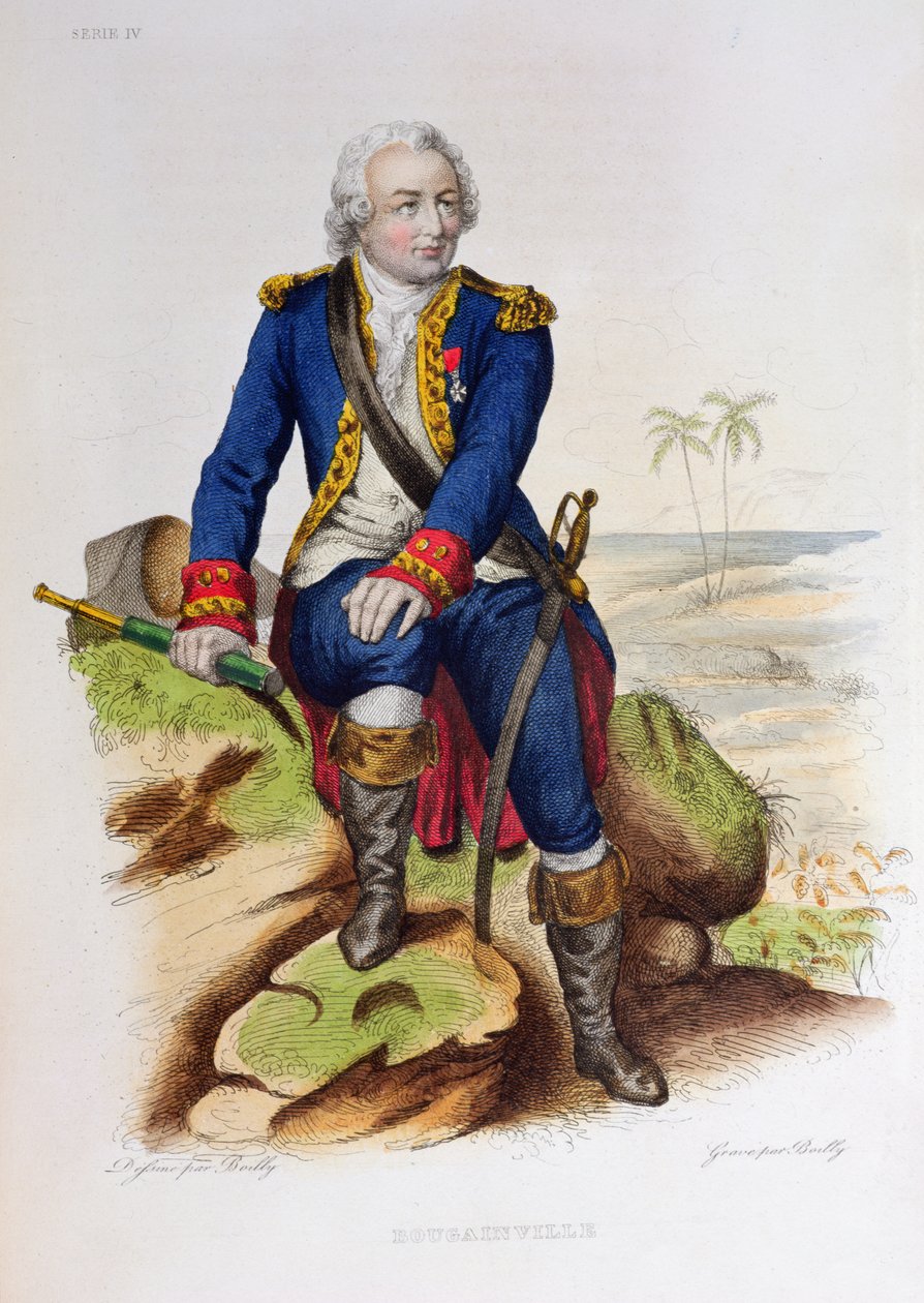 Louis Antoine de Bougainville (1729-1811) sedící na skále, ilustrace z „Le Plutarque Francais“ od Edouarda Mennecheta, Paříž, 1835 (barevná rytina) od Julien Leopold Boilly