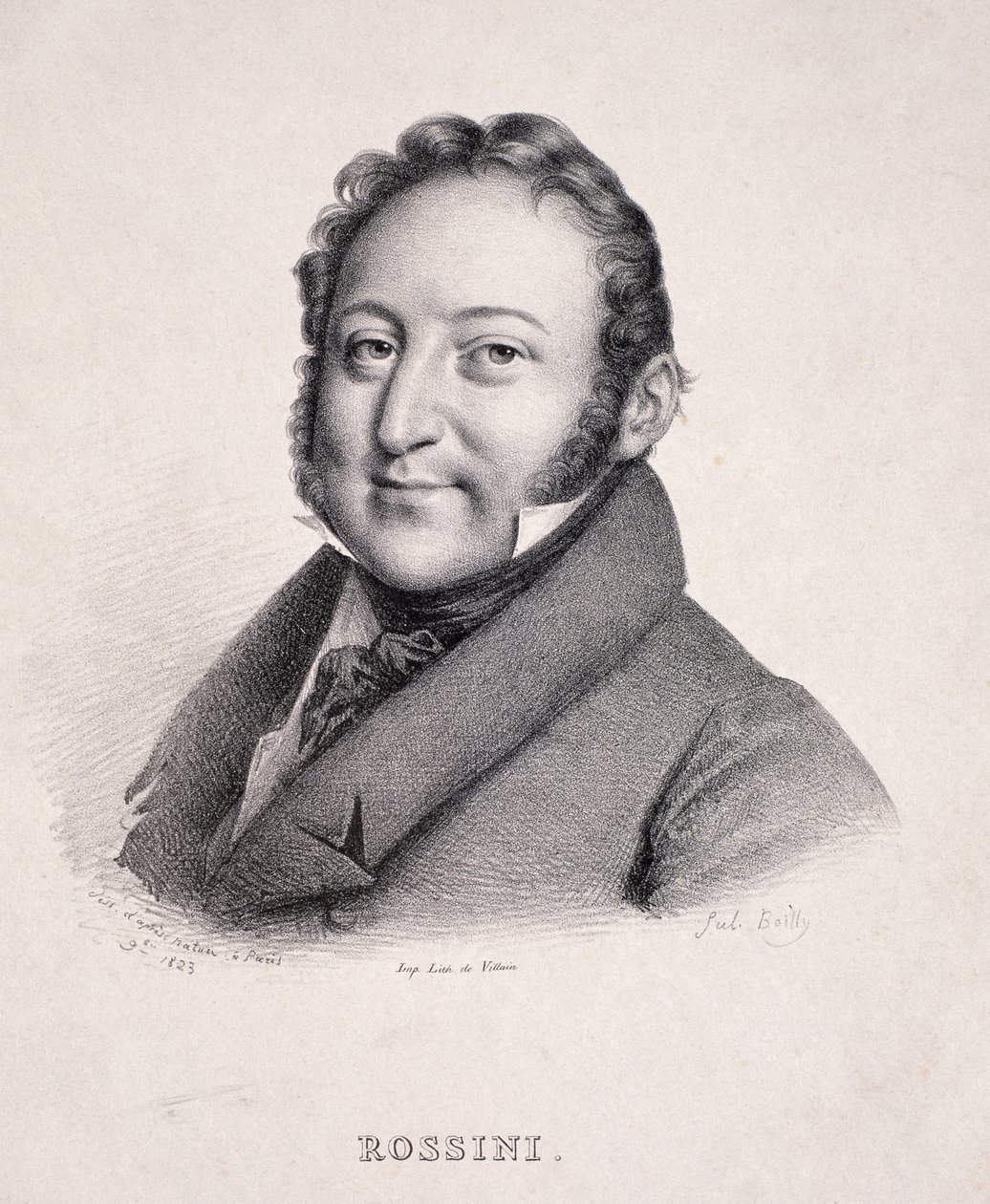 Portrét Gioacchina Rossiniho (1792-1868) vyrytý Villainem, 1823 od Julien Leopold Boilly