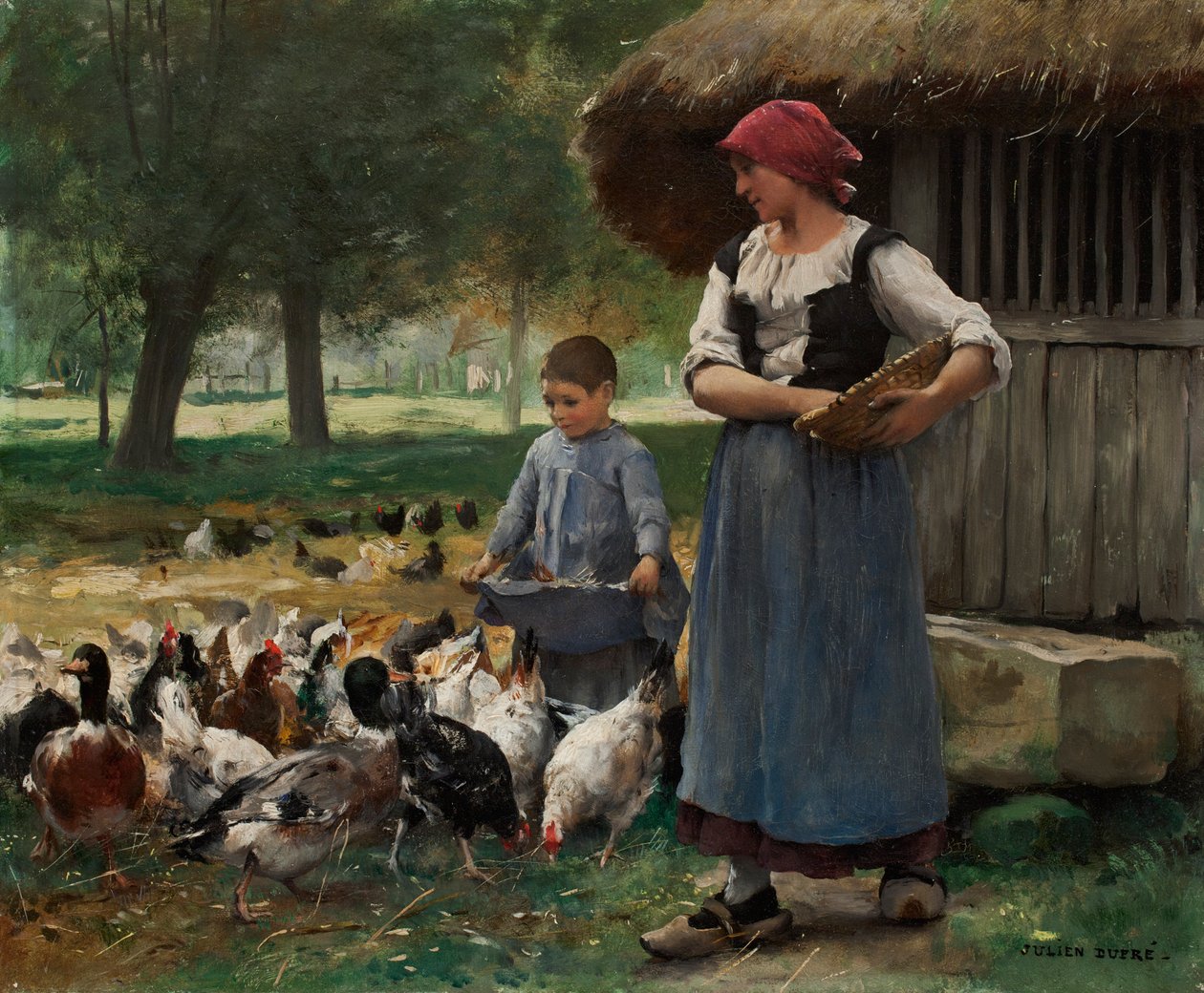 Farm Girl krmí kuřata (olej na plátně) od Julien Dupre