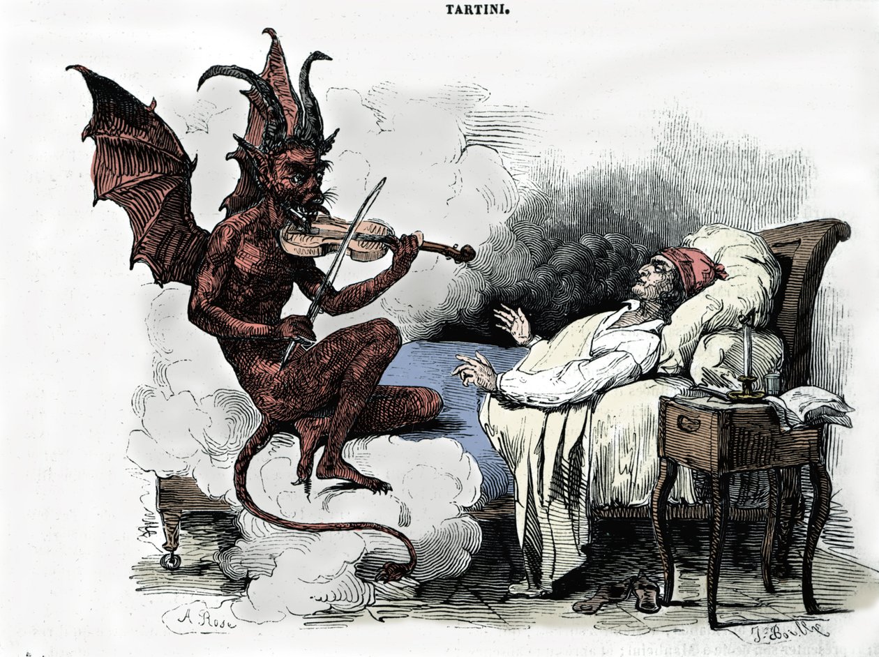 Sen skladatele Giuseppe Tartiniho (1692-1770): ve své „Sonatě des trilles du Diable“ (Sonáta pro housle g moll) skladatel sní, že za cenu své duše uzavře smlouvu s ďáblem, svěřuje ho s jeho houslemi a čert hraje od Julien Leopold Boilly