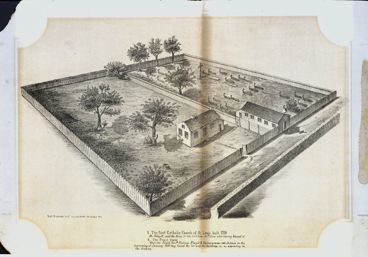 První katolický kostel v St. Louis postavený v roce 1770. Pan Gibault sloužil mši poprvé 24. června poté, co ji požehnal od Julius Hutawa Co.
