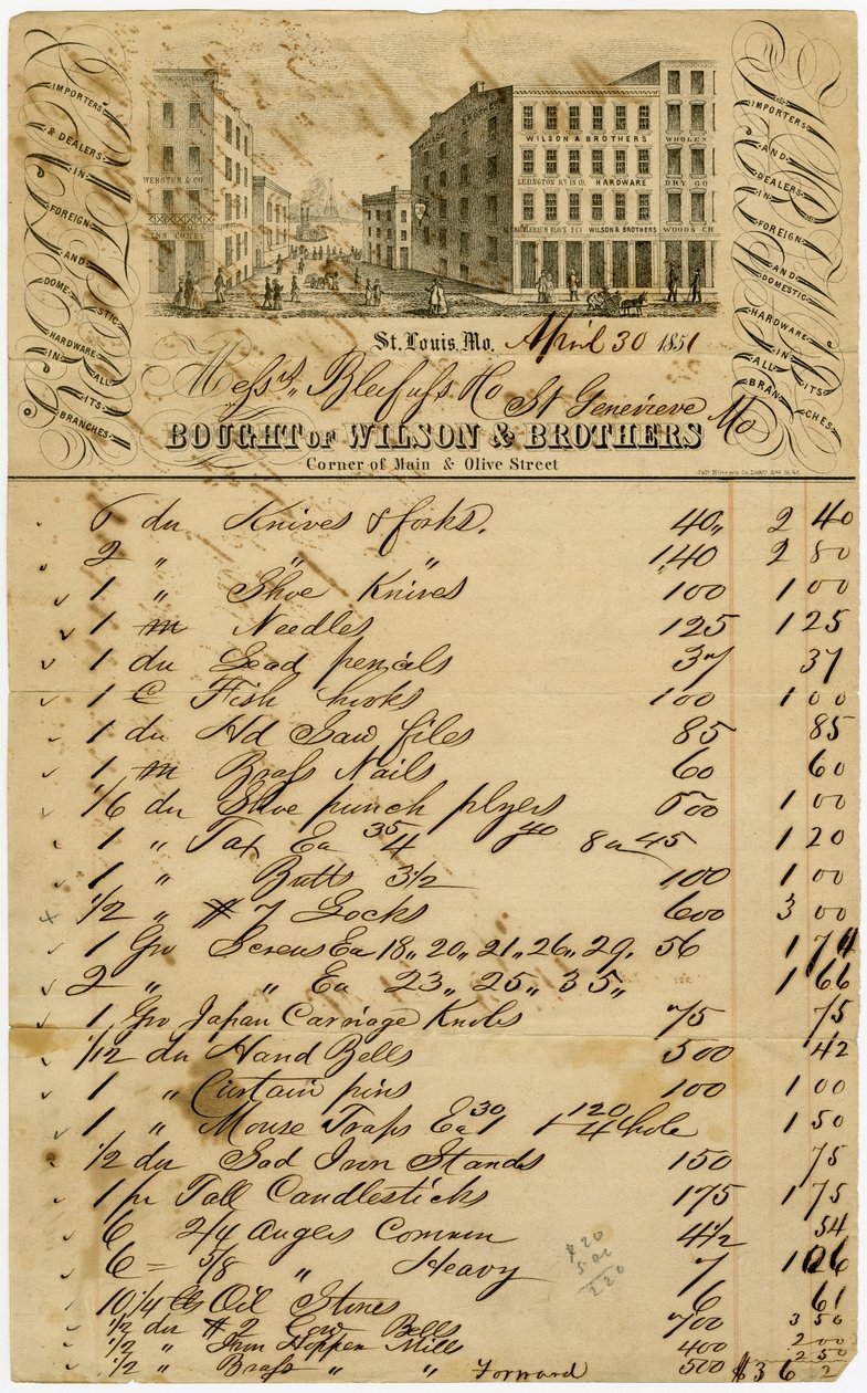 Hlavičkový papír je rytina centrální scény St. Louis v Main and Olive. Wilson and Brothers byli dovozci a prodejci zahraničního a domácího hardwaru ve všech svých pobočkách od Julius Hutawa Co.