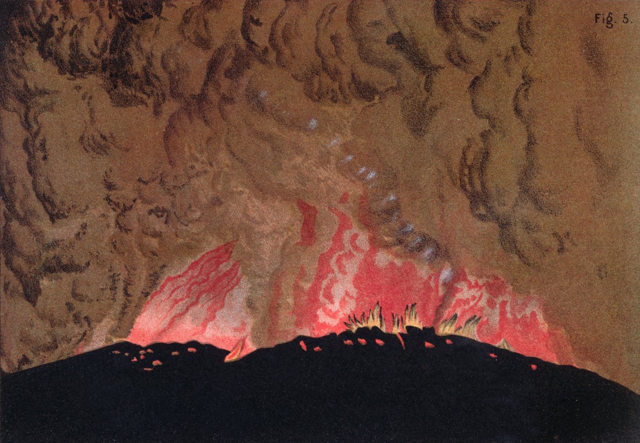 Lávové proudy Aphroessa a Georgios během erupce sopky Santorini, ilustrace z Etudes sur les Volcans od umělce, vyryté Druckem a Arnoldem, 1881 od Julius or Jules Schmidt