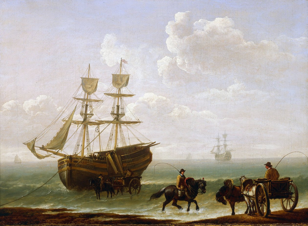 Cihla zachycená na břehu, vykládaná na vozy. Olej na plátně, kolem roku 1790, autor Julius Caesar Ibbetson (1759-1817). od Julius Caesar Ibbetson