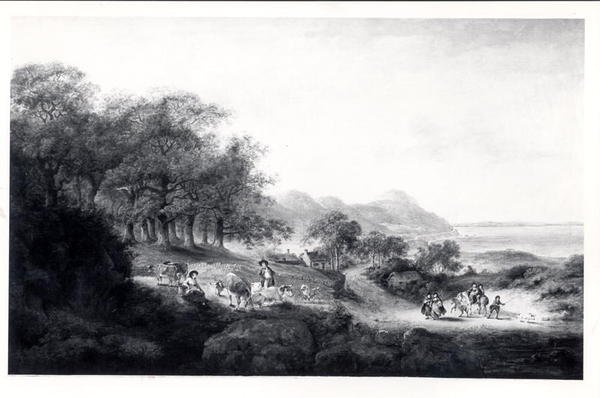 Pohled do dálky na Anglesea (olej na plátně) (černobílý tisk) od Julius Caesar Ibbetson