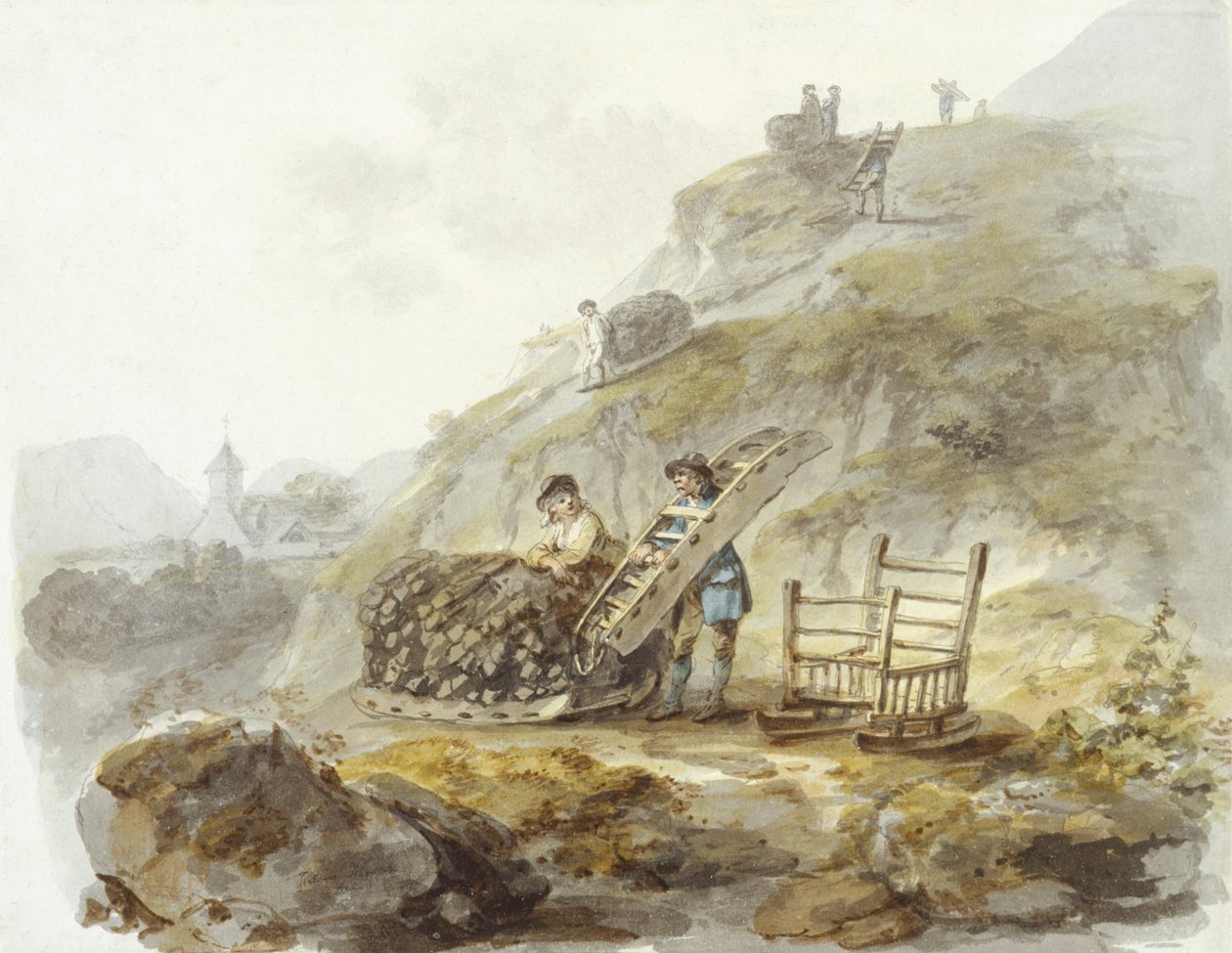 Způsob získávání rašeliny z kopců poblíž Mallwyd, asi 1792 (akvarel, tuš a tužka na papíře) od Julius Caesar Ibbetson