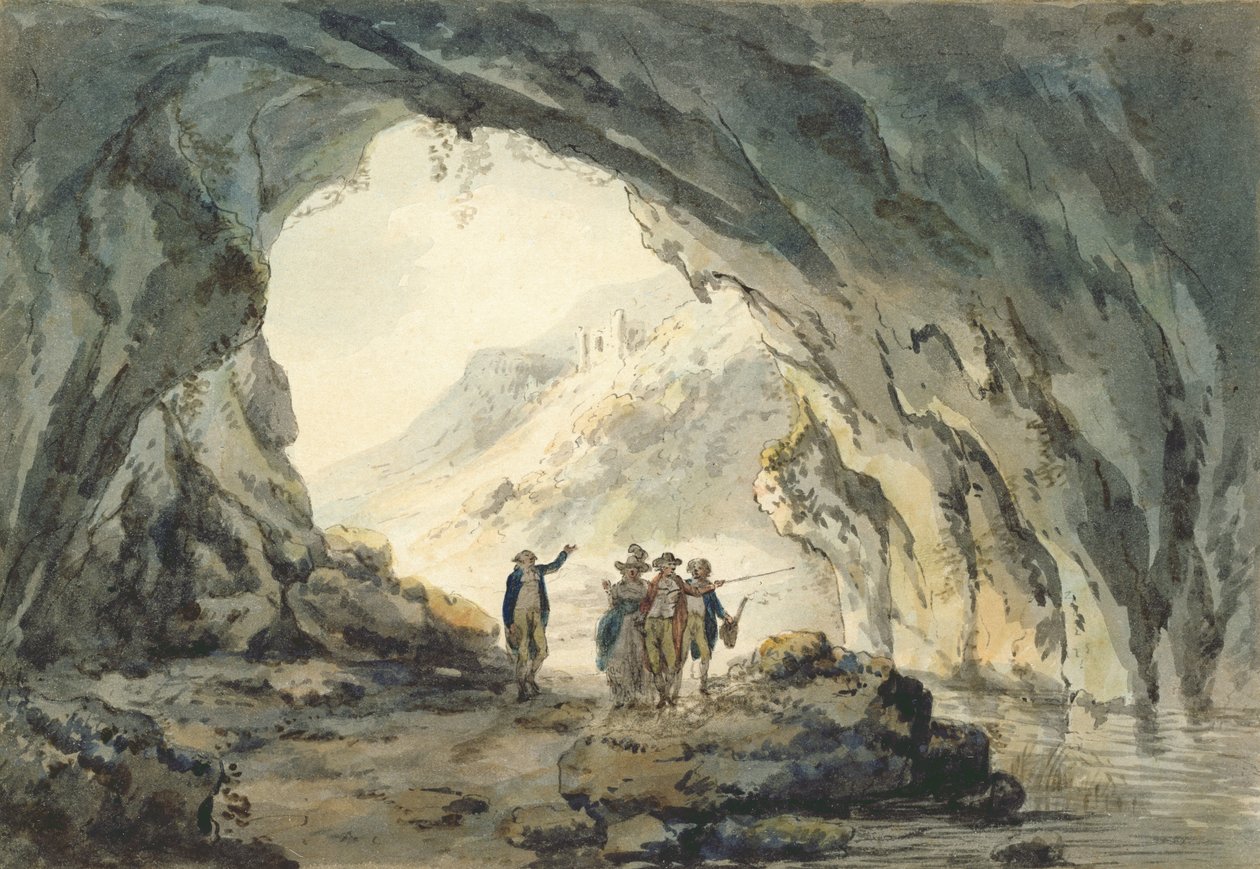Travelers by a Cave (Wc na papíře) od Julius Caesar Ibbetson