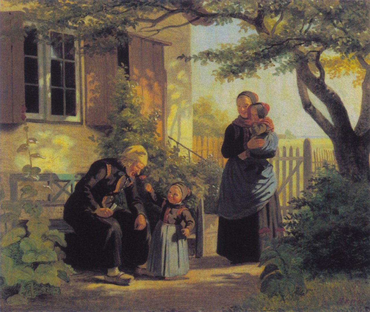 Malá holčička dala starému muži přivonět ke květině. od Julius Exner