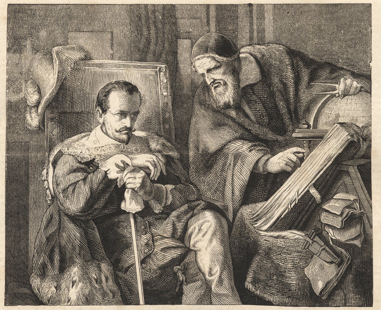 Albrecht von Valdštejn (Waldstein) (1583-1634) s astrologem Giovanni Battista Seni (Seno, Zeno, Senno Zenno) (1600-1656) podle obrazu Julia Schradera od Julius Friedrich Anton (after) Schrader
