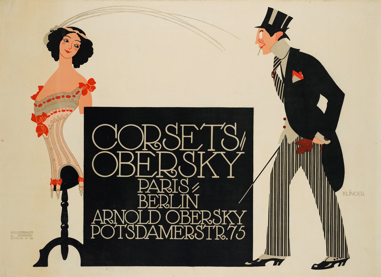 Korzety Obersky. Paříž – Berlín. Arnold Obersky, Potsdamerstr. 75, 1912. od Julius Klinger