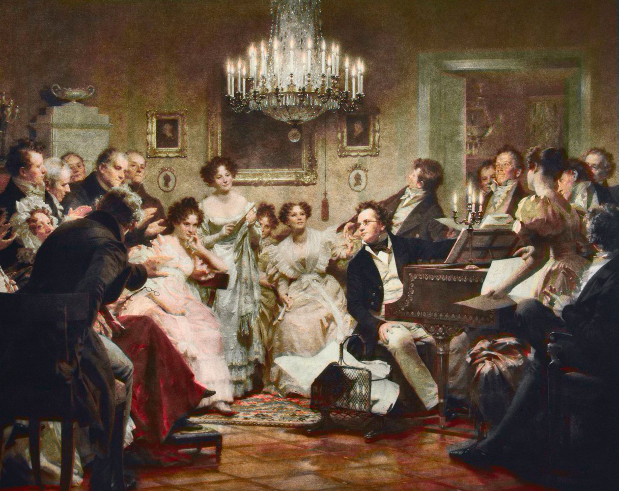 Franz Schubert (1797-1828) u klavíru během Schubertova večera ve vídeňském salonu - rytina podle Julia Schmida (1854-1935) od Julius Schmid
