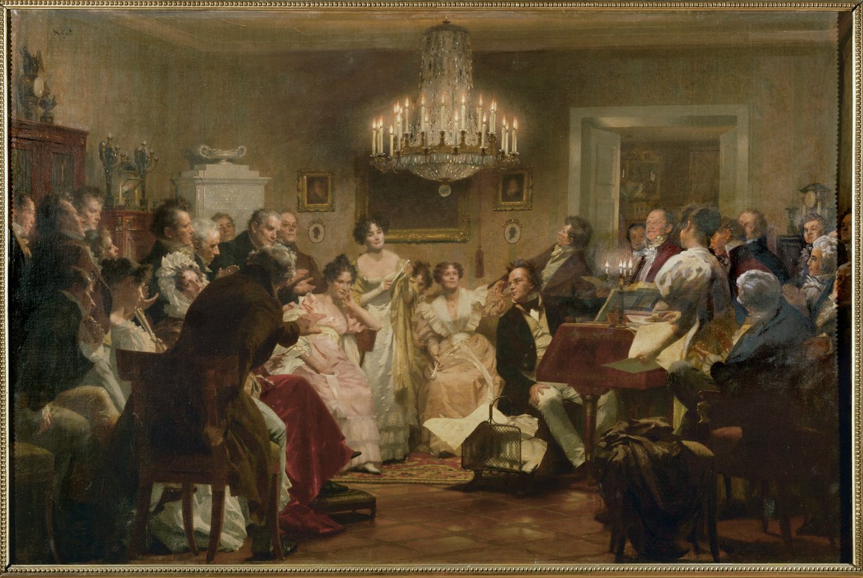 Schubert u klavíru během Schubertova večera ve vídeňském salonu... (olejomalba) od Julius Schmid