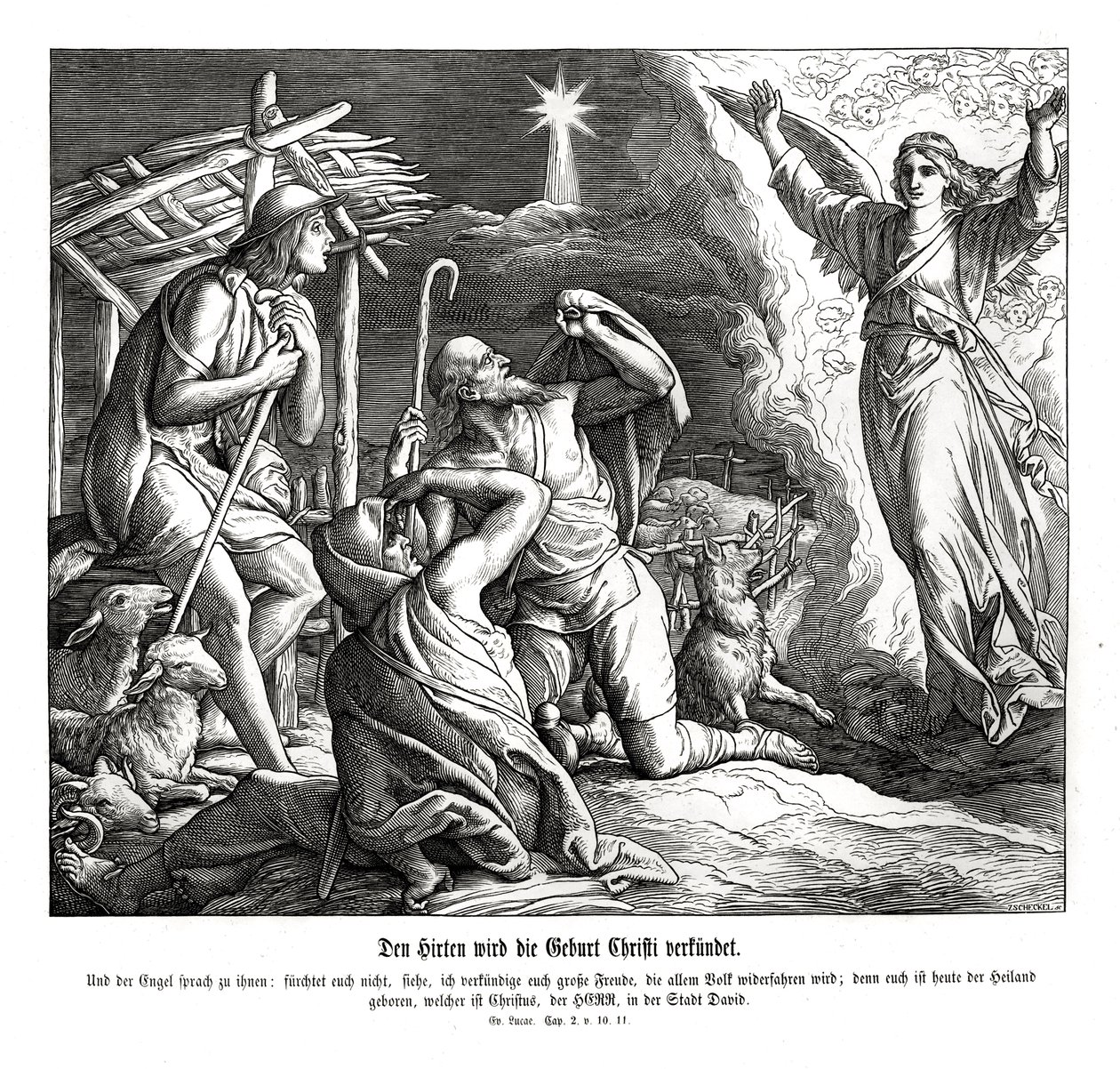 Pastýřům se zjevuje anděl, Lukášovo evangelium od Julius Schnorr von Carolsfeld